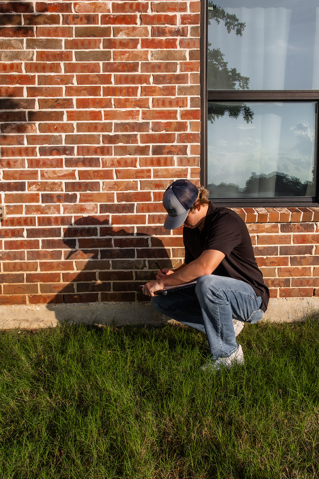 person sketching beside brick wall